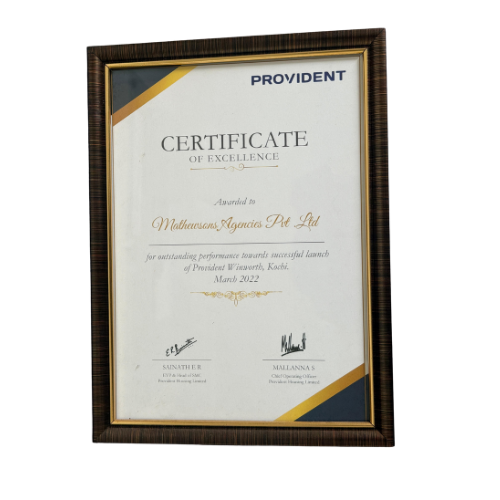 Certificate of Excellence from Provident for Outstanding Performance